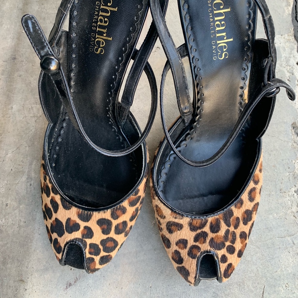 Charles david peep toe calf hair leopard sandal